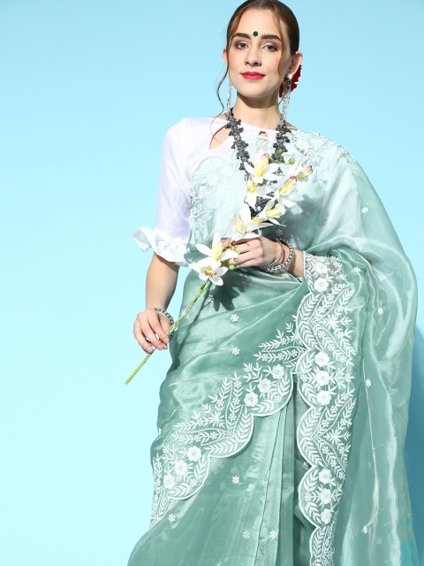 

Mitera Solid Saree with Embroidered border, Teal
