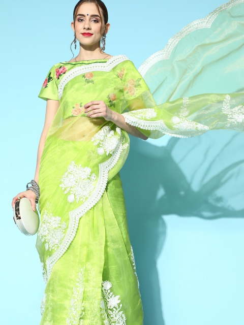 

Mitera Floral Saree with Embroidered border, Lime green