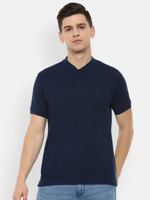 

V Dot Men Navy Blue Mandarin Collar Slim Fit T-shirt