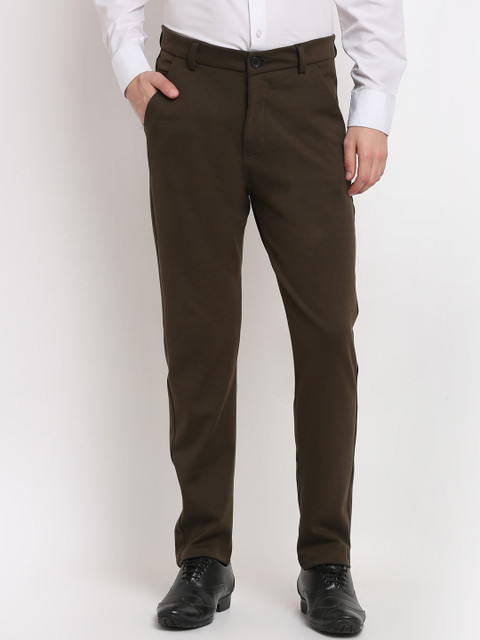 

JAINISH Men Olive Green Smart Tapered Fit Easy Wash Formal Trousers