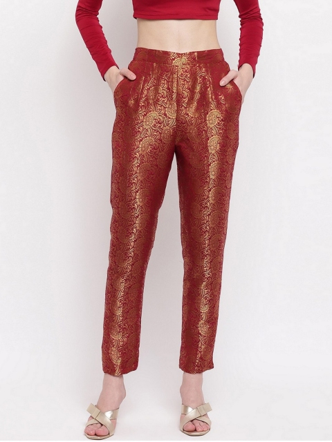 

RIVI Women Maroon Ethnic Motifs Easy Wash Trousers