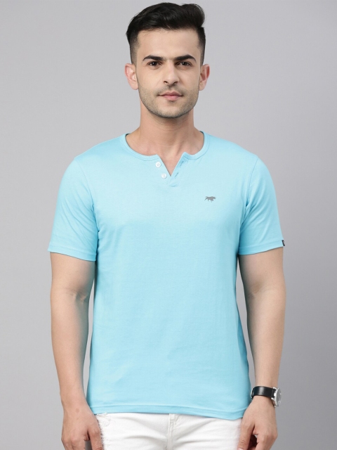 

Bushirt Men Blue Henley Neck Pure Cotton T-shirt