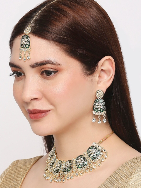 

OOMPH Gold-Plated & Off-White Kundan-Studded Meenakari Enamel Jewellery Set, Green