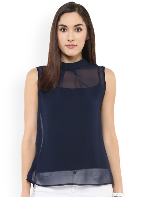 

Zima Leto Women Navy Solid Sheer Top, Navy blue
