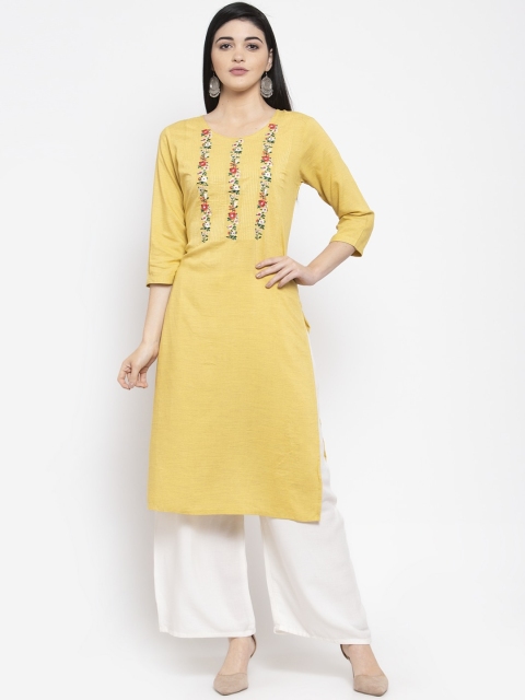 

Clora Creation Women Yellow Floral Yoke Design Thread Work Floral Kurta