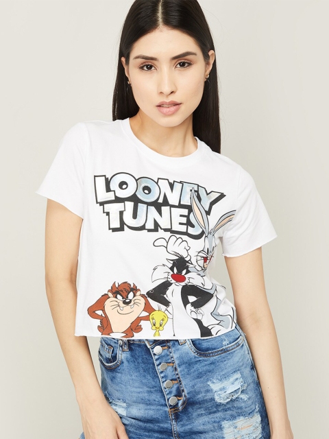 

Ginger by Lifestyle Women White Looney Tunes Printed Cotton T-shirt