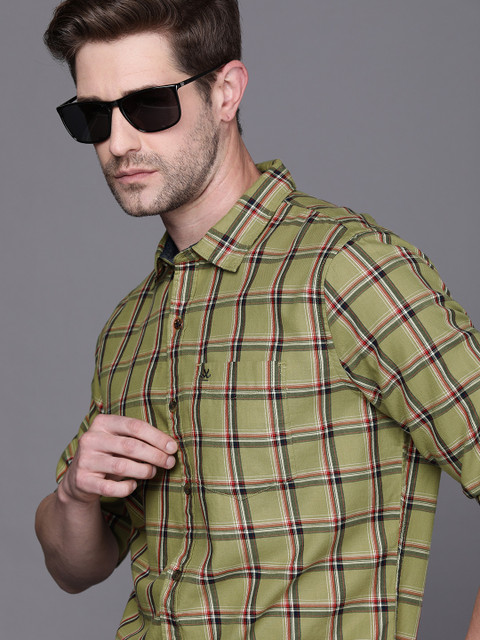 

WROGN Men Olive Green & Black Checked Slim Fit Pure Cotton Casual Shirt