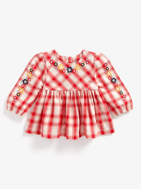 

mothercare Red & White Pure Cotton Checked Embroidered Empire Top