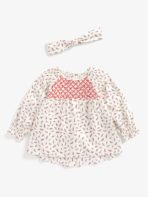 

mothercare Cream-Coloured & Red Pure Cotton Floral A-Line Top with Headband