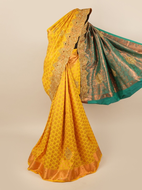 

Pothys Yellow & Teal Woven Design Beads and Stones Pure Silk Saree