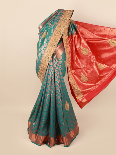 

Pothys Green & Red Ethnic Motifs Beads and Stones Pure Silk Saree