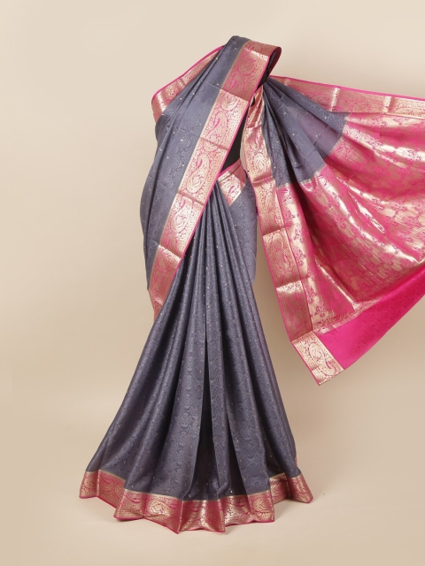 

Pothys Grey & Pink Ethnic Motifs Pure Silk Mysore Silk Saree