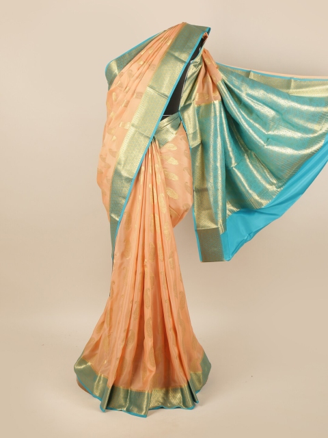 

Pothys Peach-Coloured & Turquoise Blue Ethnic Motifs Zari Pure Silk Mysore Silk Saree