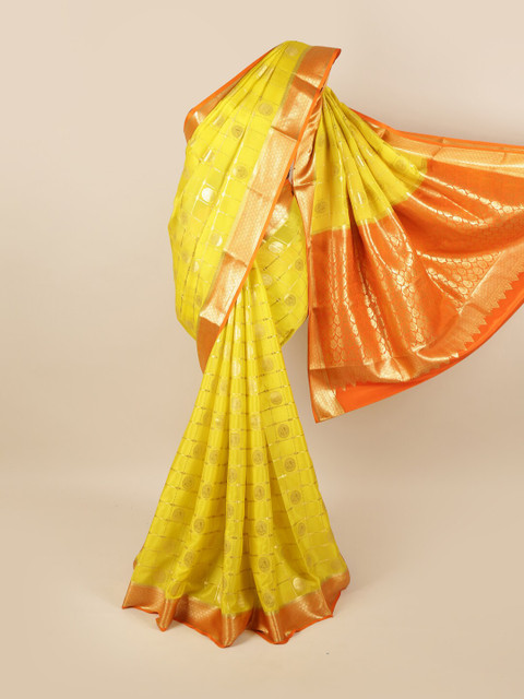 

Pothys Yellow & Orange Ethnic Motifs Pure Silk Mysore Silk Saree