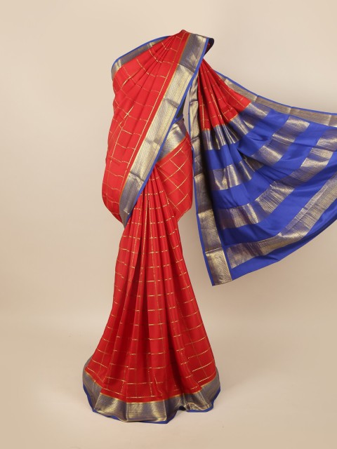 

Pothys Red & Blue Checked Pure Silk Mysore Silk Saree