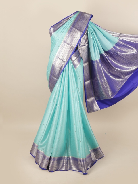 

Pothys Turquoise Blue & Silver-Toned Woven Design Pure Silk Mysore Silk Saree