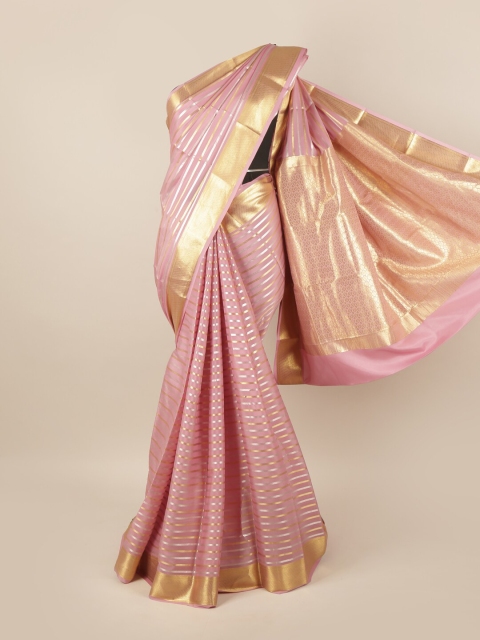 

Pothys Pink & Gold-Toned Striped Pure Silk Mysore Silk Saree