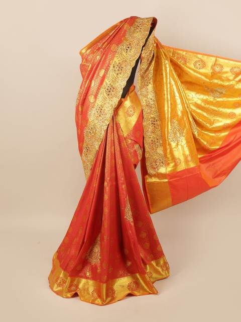 

Pothys Red & Gold-Toned Embellished Zari Pure Silk Saree