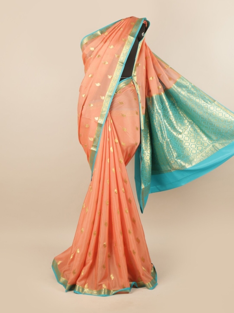 

Pothys Peach-Coloured & Blue Ethnic Motifs Zari Pure Silk Mysore Silk Saree