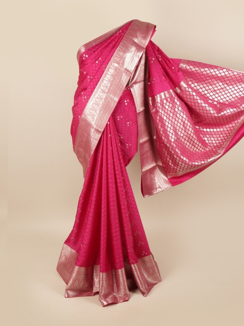 

Pothys Pink & Silver-Toned Woven Design Pure Silk Mysore Silk Saree