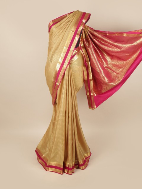 

Pothys Gold-Toned & Pink Woven Design Zari Pure Silk Mysore Silk Saree