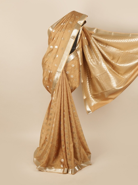 

Pothys Tan & Silver-Toned Woven Design Zari Pure Silk Mysore Silk Saree