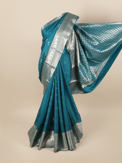 

Pothys Blue & Silver-Toned Woven Design Zari Pure Silk Mysore Silk Saree