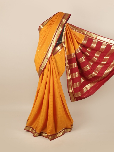 

Pothys Yellow & Red Checked Zari Pure Silk Mysore Silk Saree