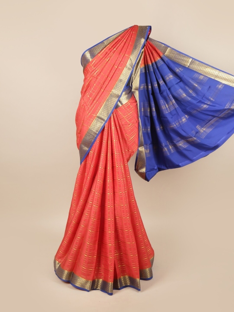 

Pothys Pink & Blue Checked Zari Pure Silk Mysore Silk Saree