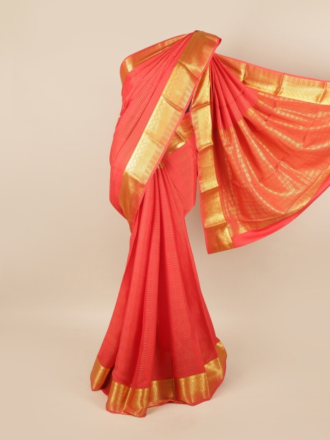 

Pothys Pink & Gold-Toned Striped Zari Pure Silk Mysore Silk Saree