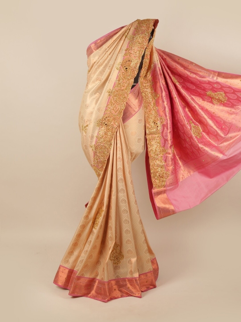 

Pothys Cream-Coloured & Pink Embellished Zari Pure Silk Saree