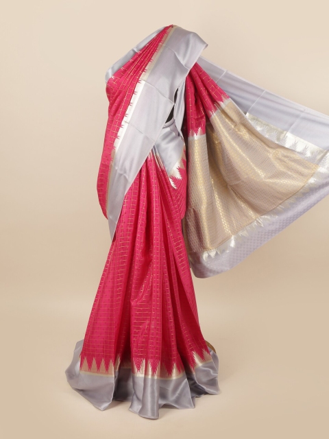 

Pothys Pink & Grey Striped Zari Pure Silk Mysore Silk Saree