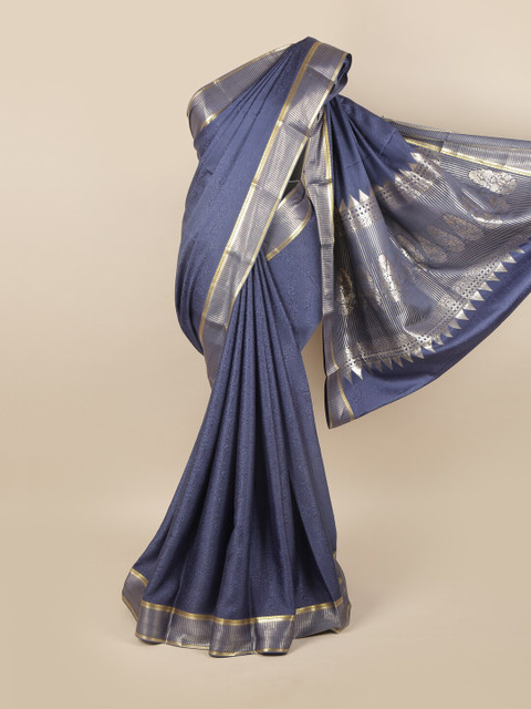 

Pothys Blue & Silver-Toned Woven Design Zari Pure Silk Saree
