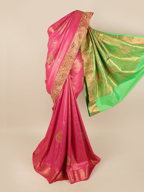

Pothys Pink & Magenta Woven Design Embroidered Pure Silk Saree