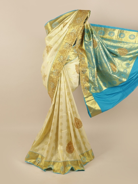 

Pothys Cream-Coloured & Blue Woven Design Zari Pure Silk Saree