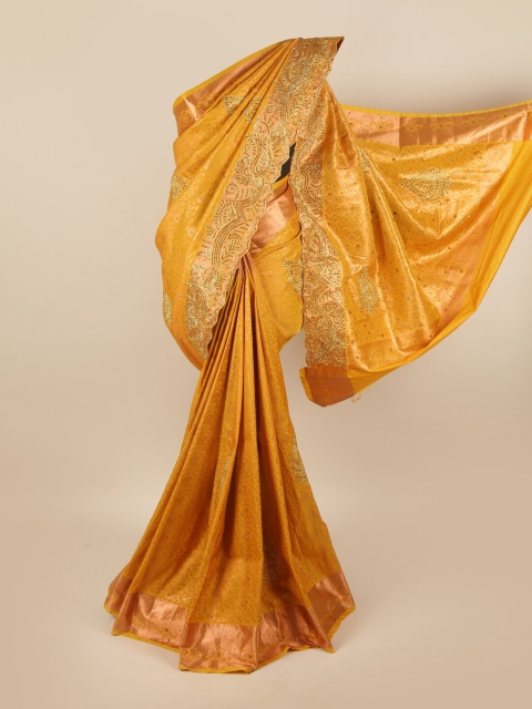 

Pothys Yellow & Copper-Toned Woven Design Zari Pure Silk Saree