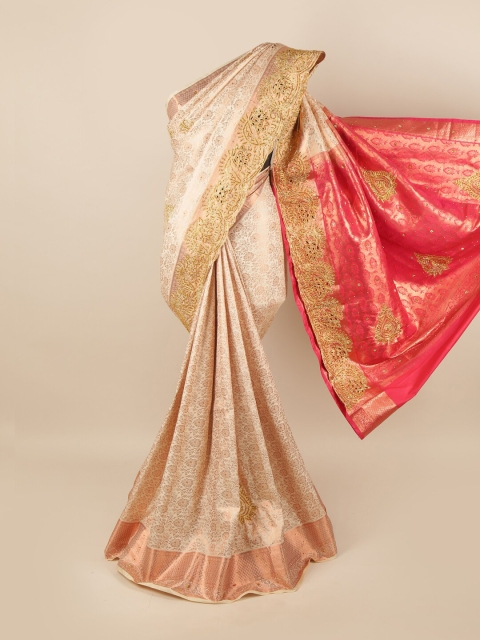 

Pothys Cream-Coloured & Pink Woven Design Zari Pure Silk Saree