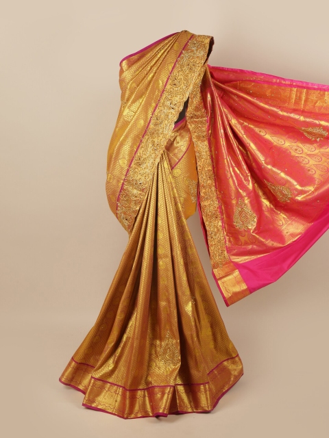 

Pothys Gold-Toned & Magenta Woven Design Beads and Stones Pure Silk Saree