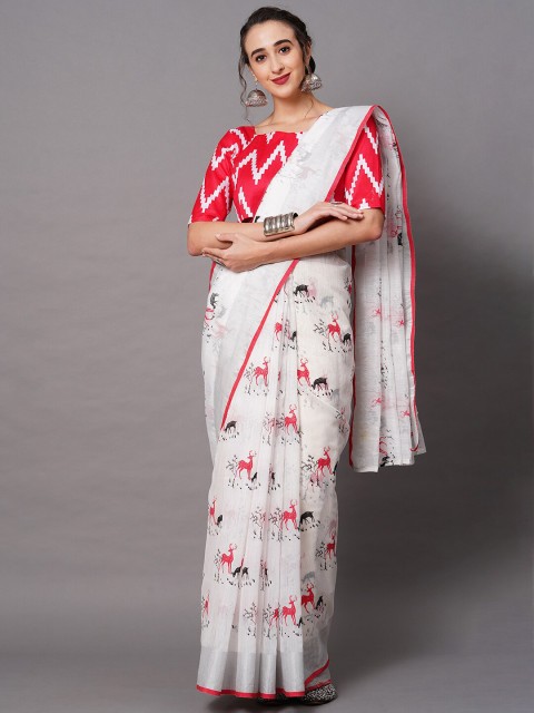 

Mitera Off White & Red Ethnic Motifs Linen Blend Saree