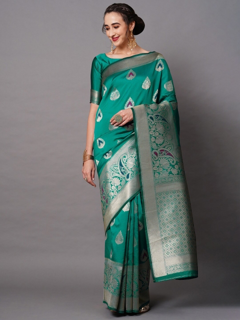 

Mitera Green & Silver-Toned Woven Design Zari Silk Blend Banarasi Saree