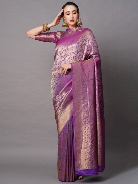 

Mitera Purple & Gold-Toned Woven Design Silk Blend Banarasi Saree