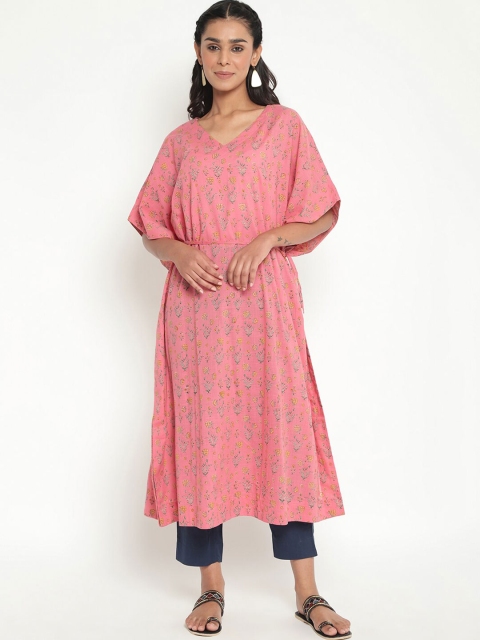 

Fabindia Pink Floral Kaftan Longline Top