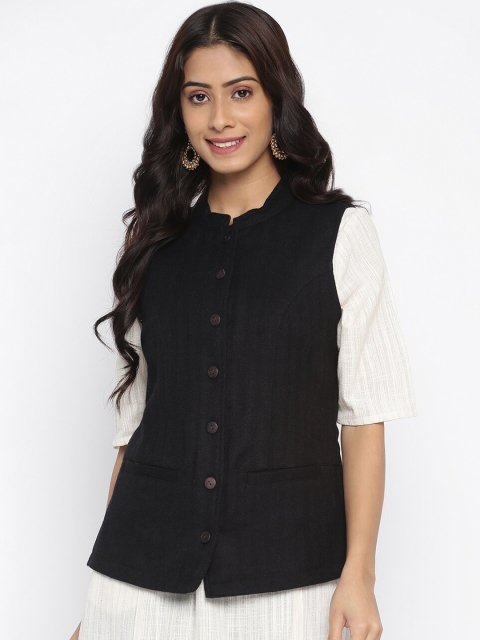 

Fabindia Women Black Solid Nehru Jacket