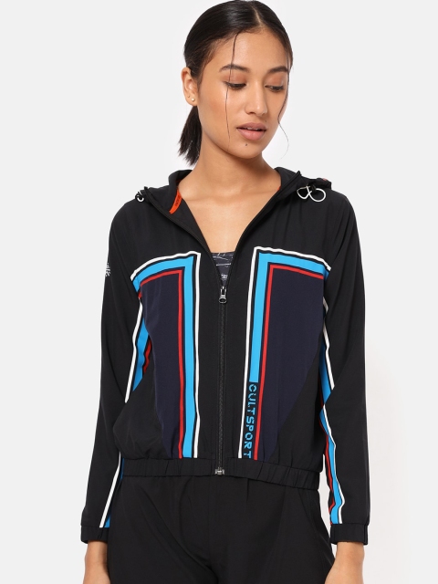 

Cultsport Women Black & Blue Geometric Training or Gym Sporty Jacket