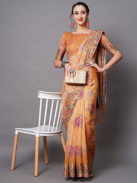 

Mitera Mustard & Pink Linen Blend Floral Printed Saree