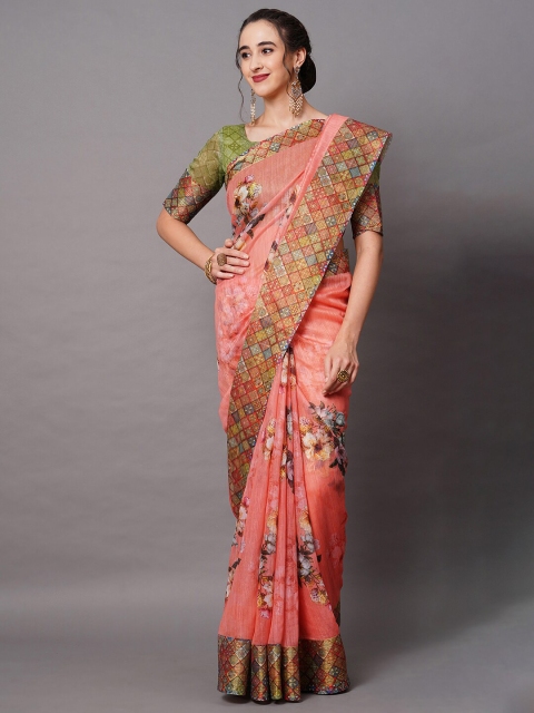 

Mitera Peach-Coloured & Green Floral Printed Saree
