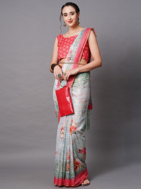 

Mitera Grey & Red Linen Blend Floral Printed Saree