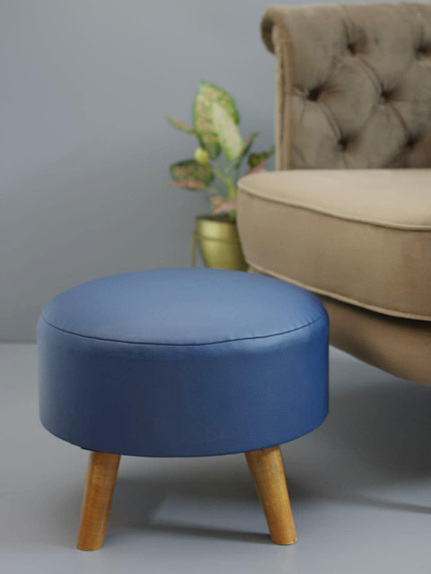 

nestroots Blue Solid Round Storage Leather Cotton Poufy Ottoman