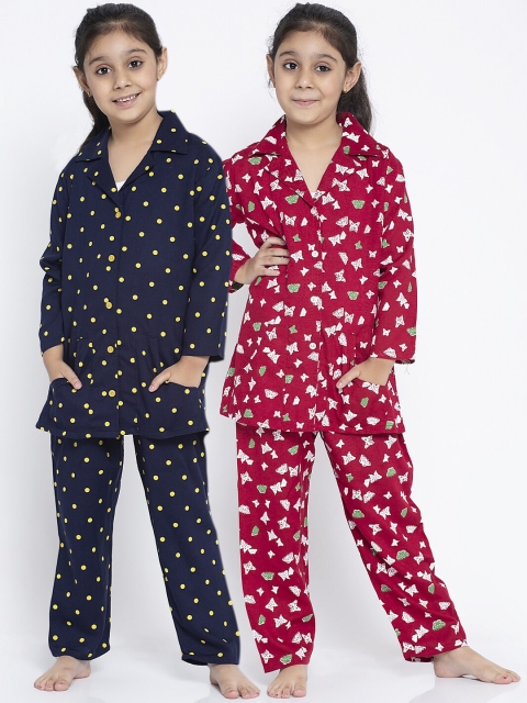 

KYDZI Girls Pack Of 2 Navy Blue & Maroon Printed Night Suits