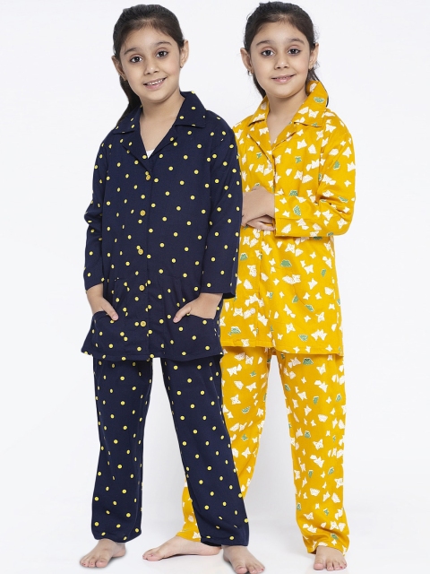 

KYDZI Girls Pack Of 2 Navy Blue & Mustard Printed Night Suits